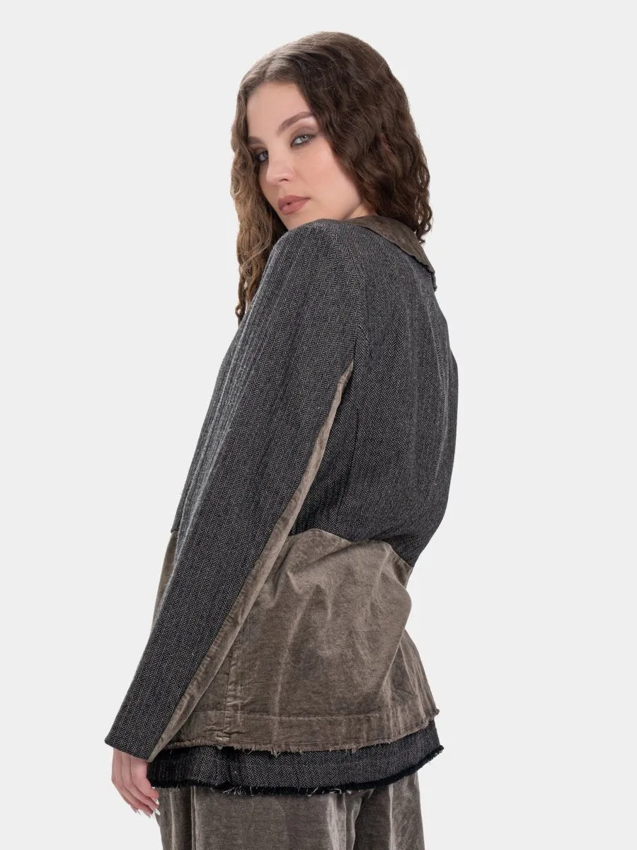 Round Collar Jacket with Velvet Patchwork
