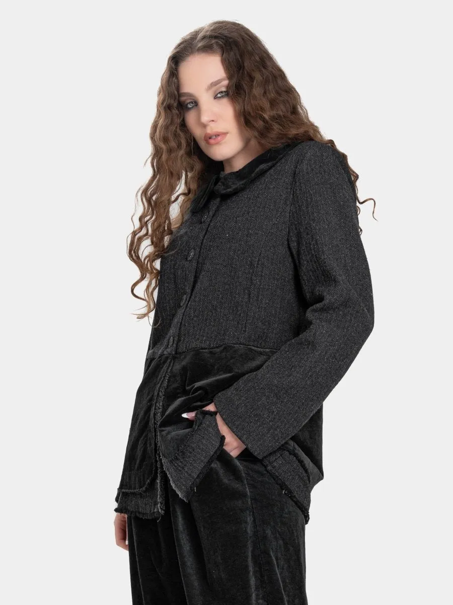 Round Collar Jacket with Velvet Patchwork