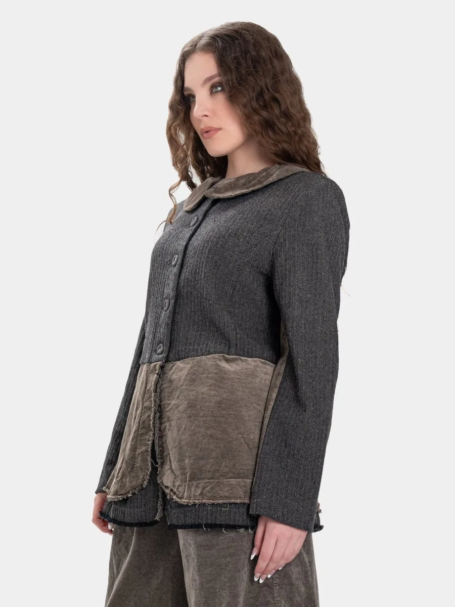 Round Collar Jacket with Velvet Patchwork