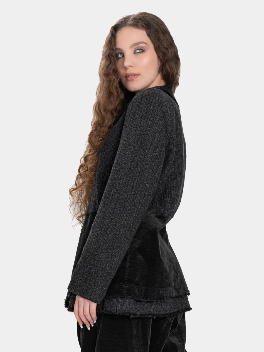 Round Collar Jacket with Velvet Patchwork