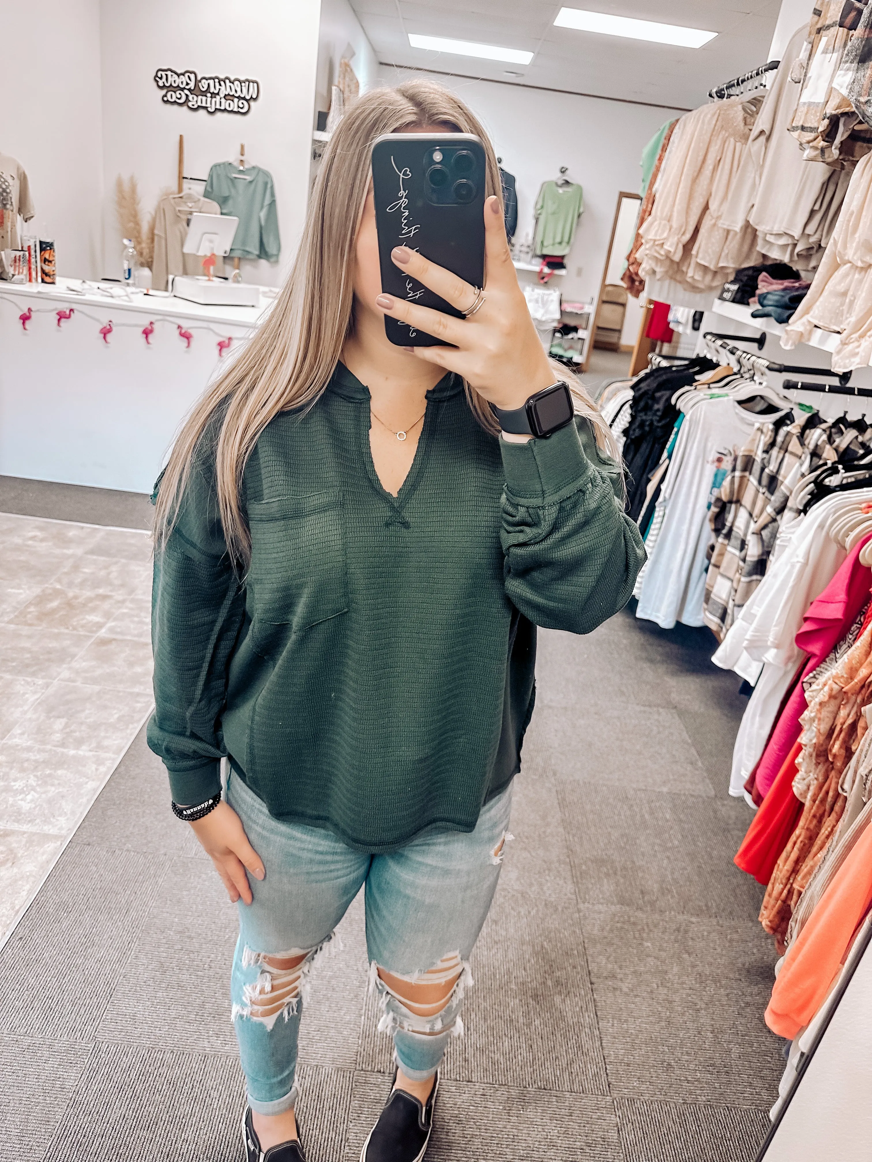 Saylor Solid Patchwork Long Sleeve Top | Hunter Green