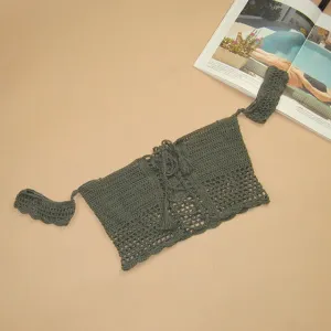 Sexy Knitted Crochet  White Crop Tops Bikini Beachwear 90's Girls Casual Lace Up Off Shoulder Bikini Bra Tank Top Cropped