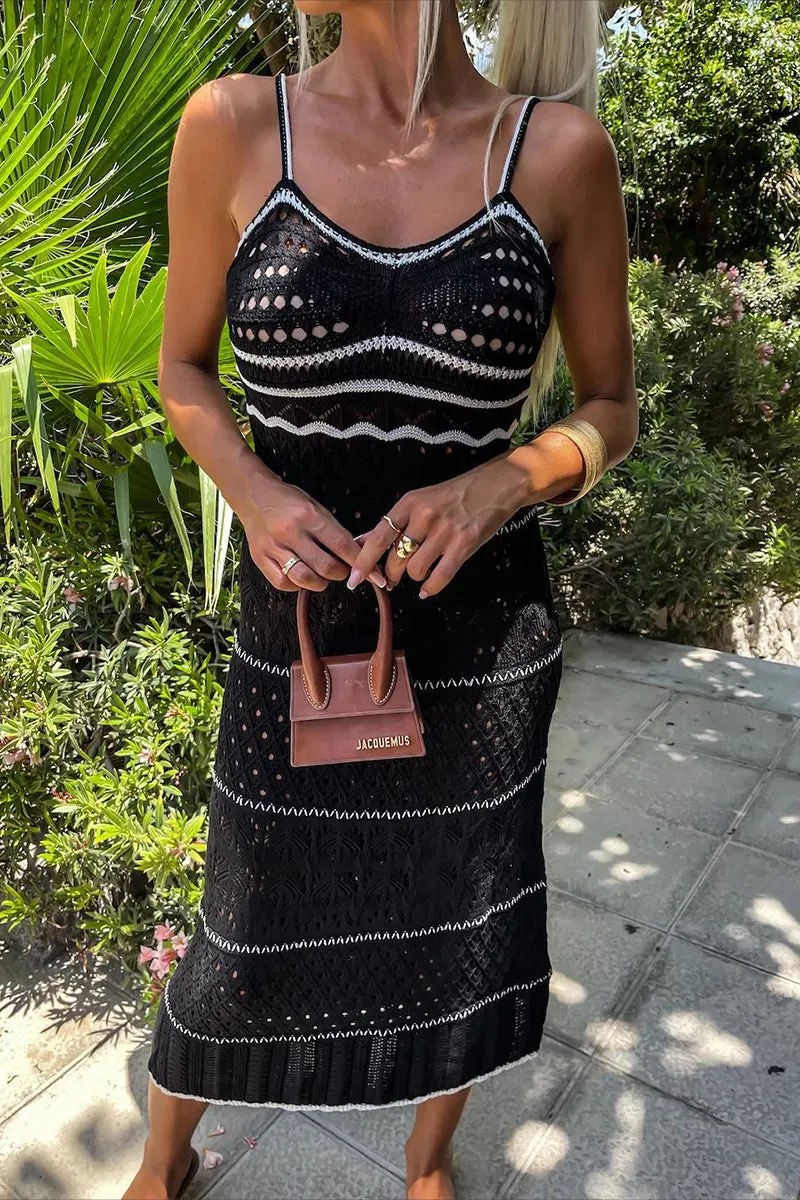 Sexy Stripe Hollow Out Weave V Neck Sling Dresses