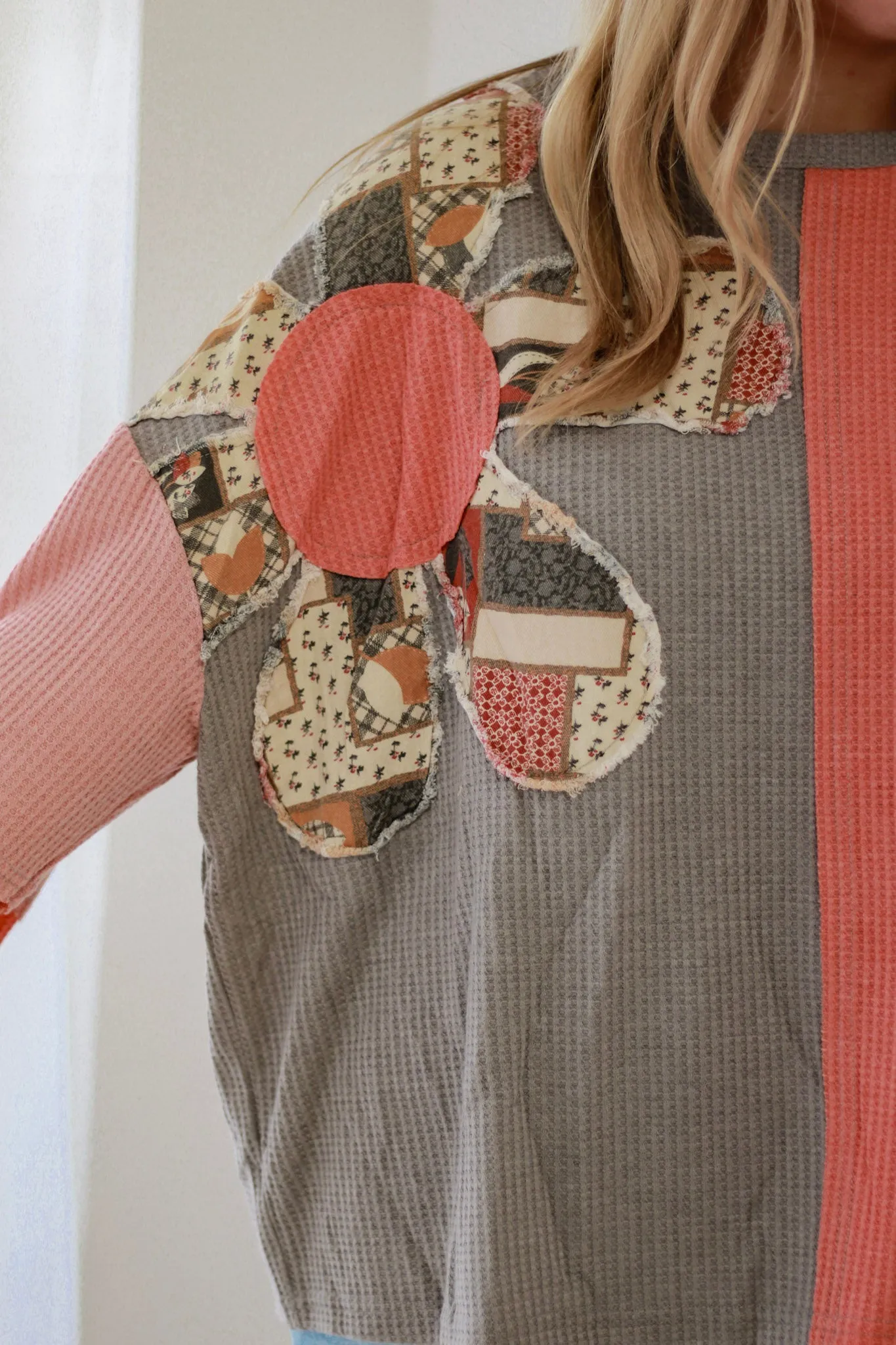 She's a Flirt Floral Waffle Patchwork Top