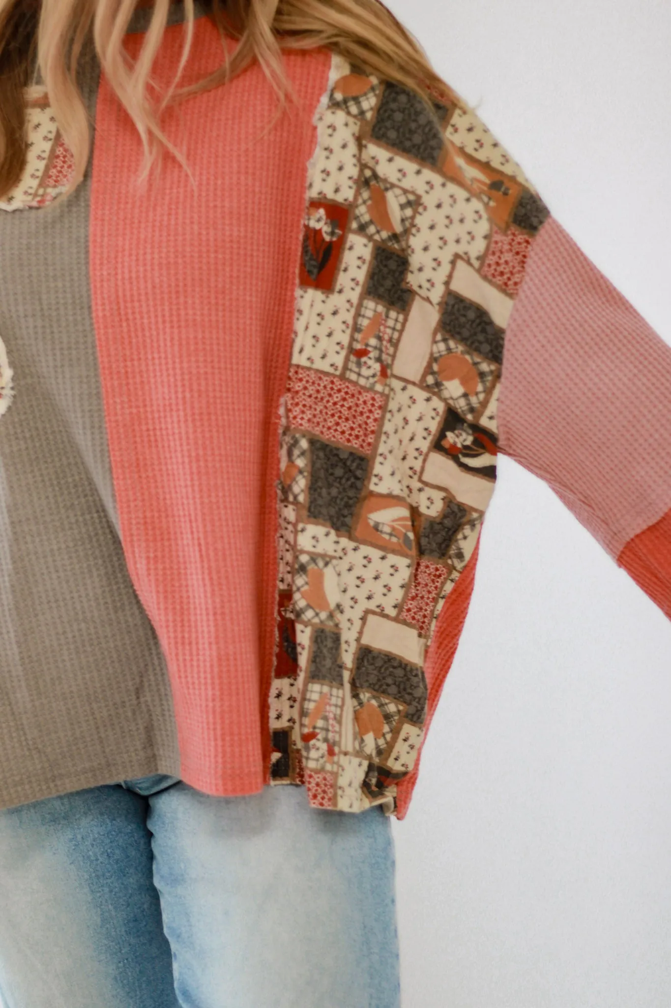 She's a Flirt Floral Waffle Patchwork Top