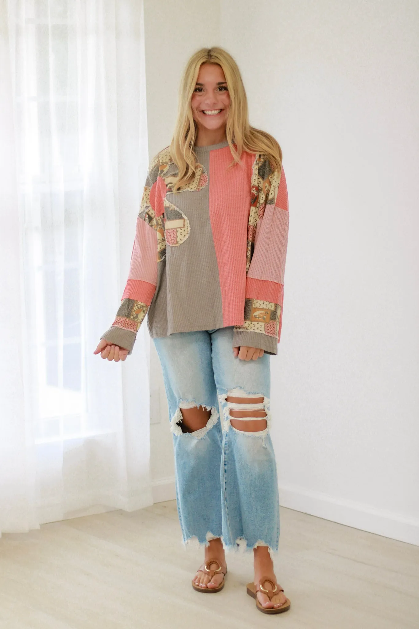 She's a Flirt Floral Waffle Patchwork Top