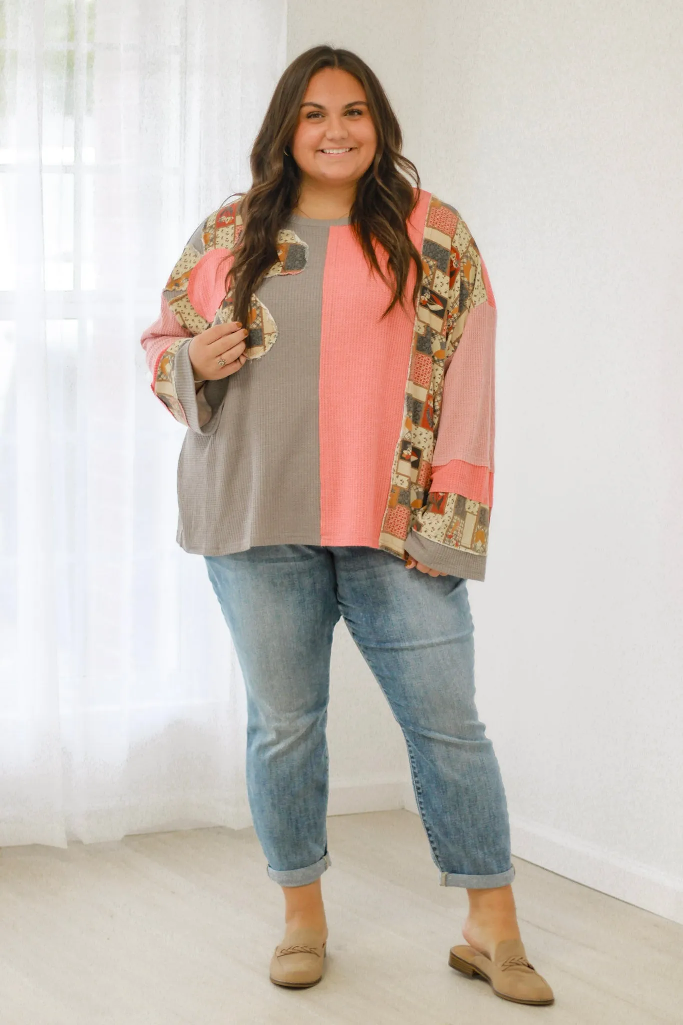 She's a Flirt Floral Waffle Patchwork Top