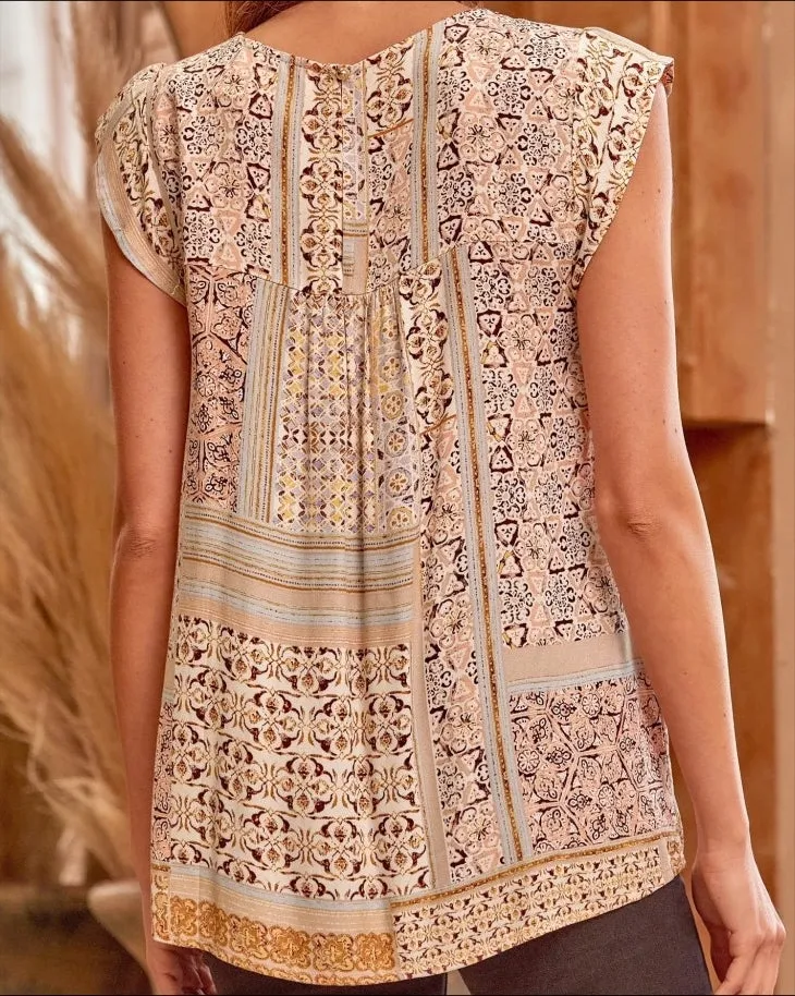 Short Flutter Slv Embroidered Patchwork Print Top