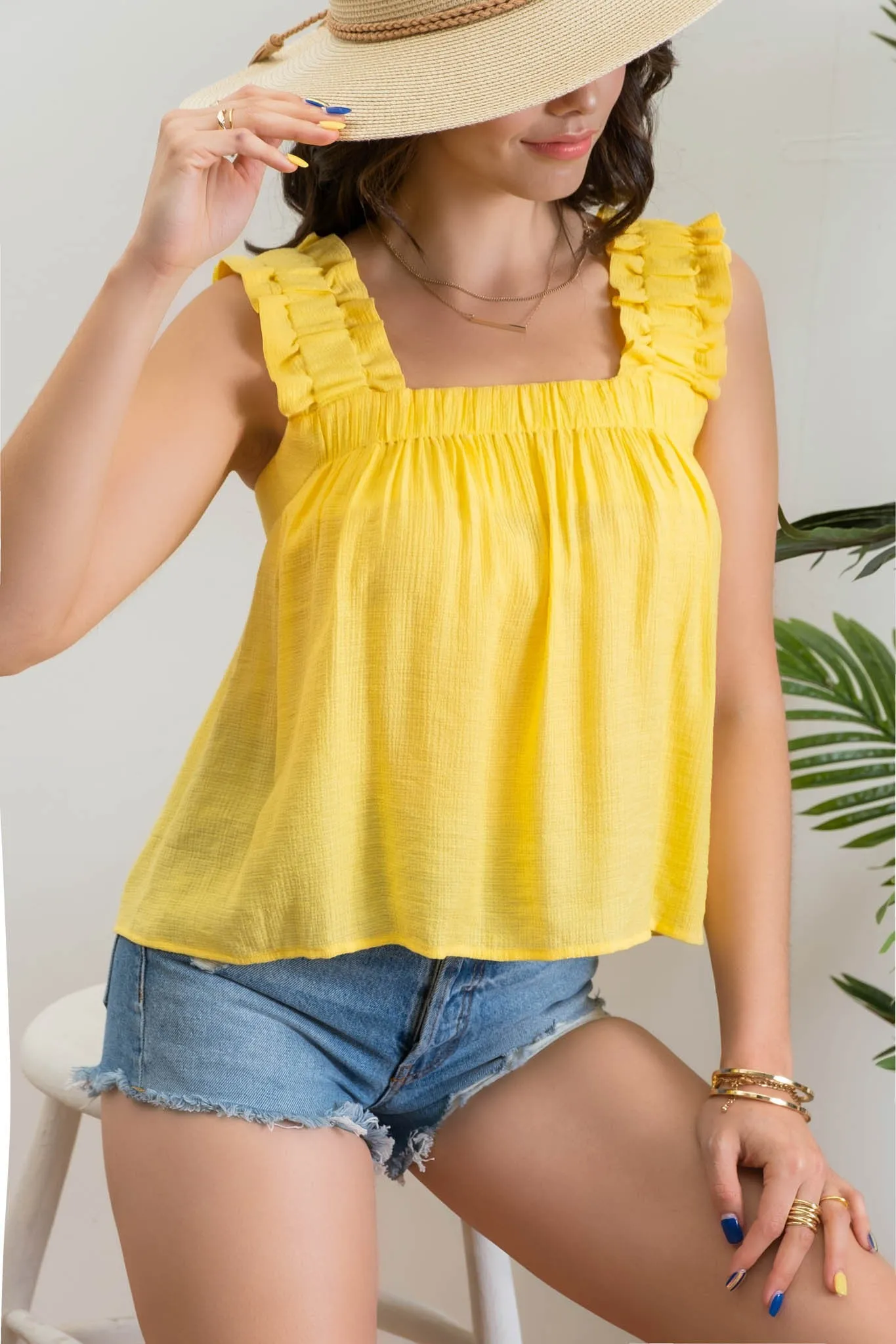 Sleeveless Square Neckline Ruffled Top