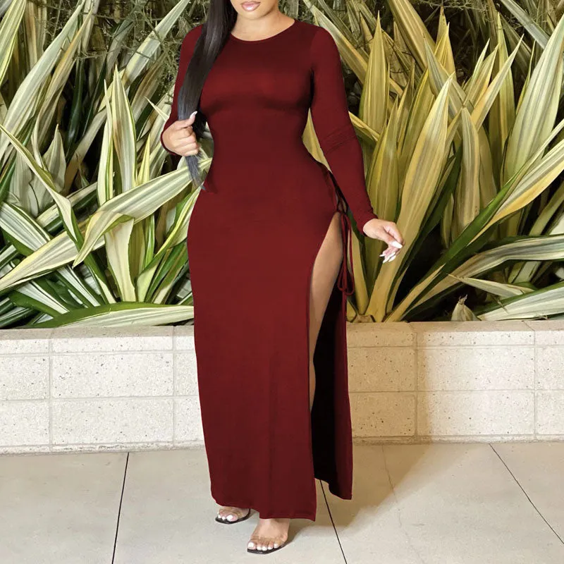 Solid Long Sleeve Backless Hollow Out High Slit Dress