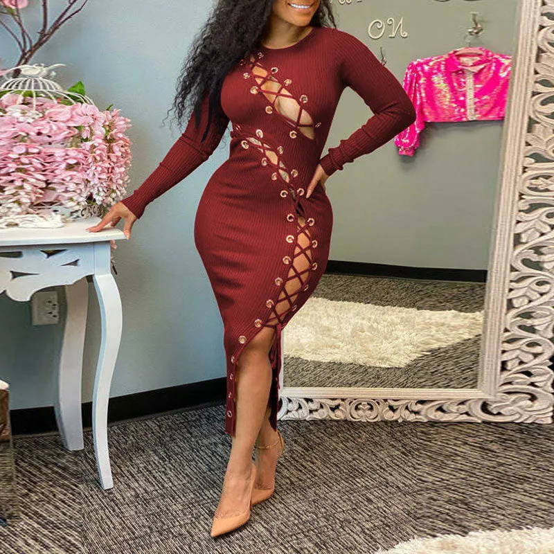 Solid Long Sleeve Hollow Out Bandage Midi Dress