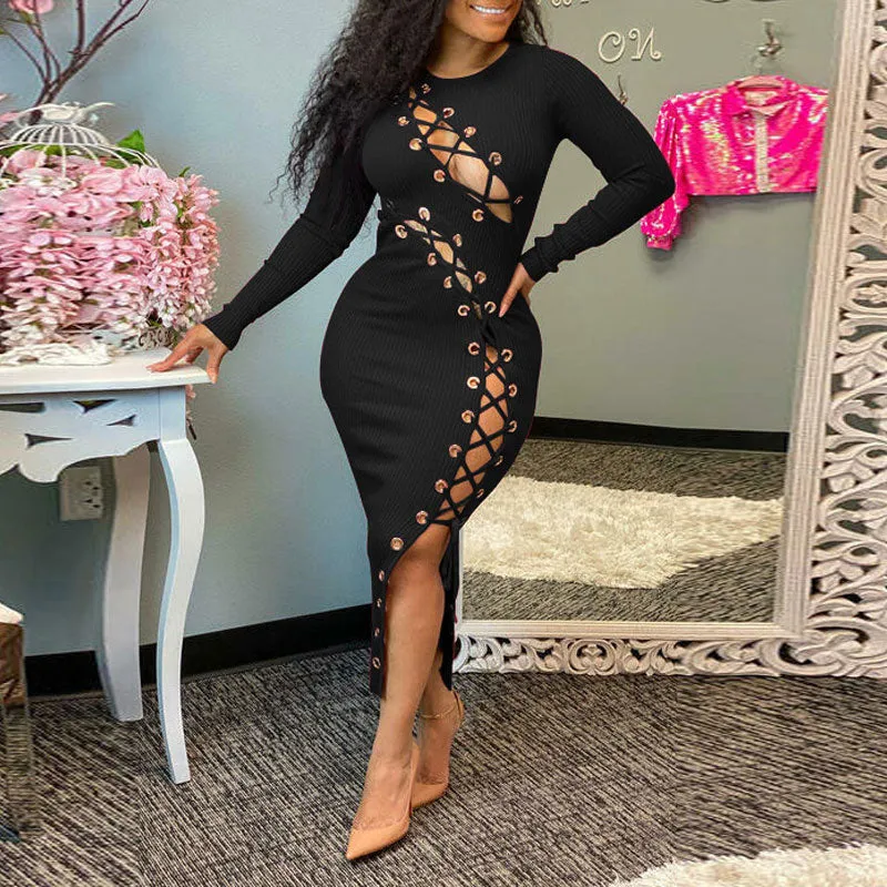 Solid Long Sleeve Hollow Out Bandage Midi Dress