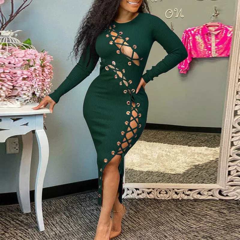 Solid Long Sleeve Hollow Out Bandage Midi Dress