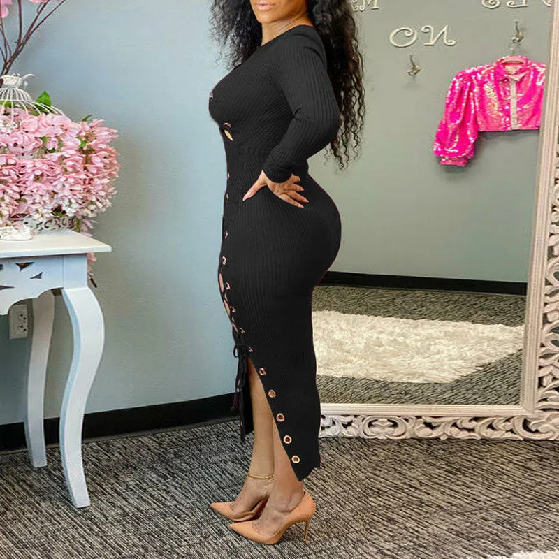 Solid Long Sleeve Hollow Out Bandage Midi Dress