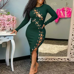 Solid Long Sleeve Hollow Out Bandage Midi Dress