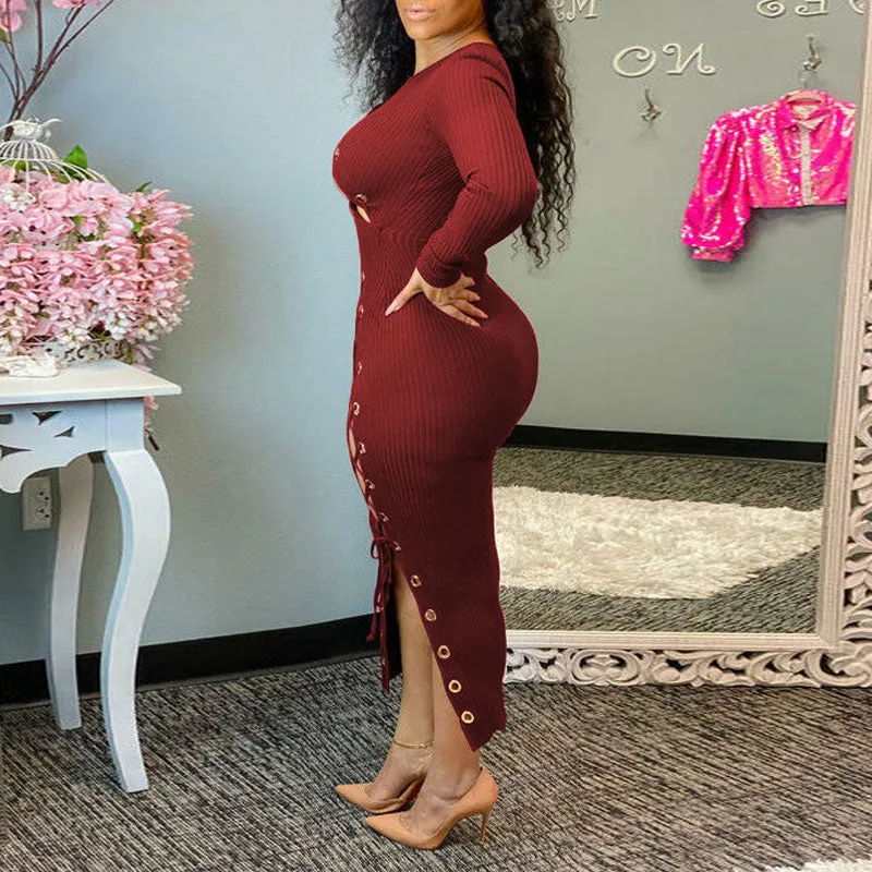 Solid Long Sleeve Hollow Out Bandage Midi Dress