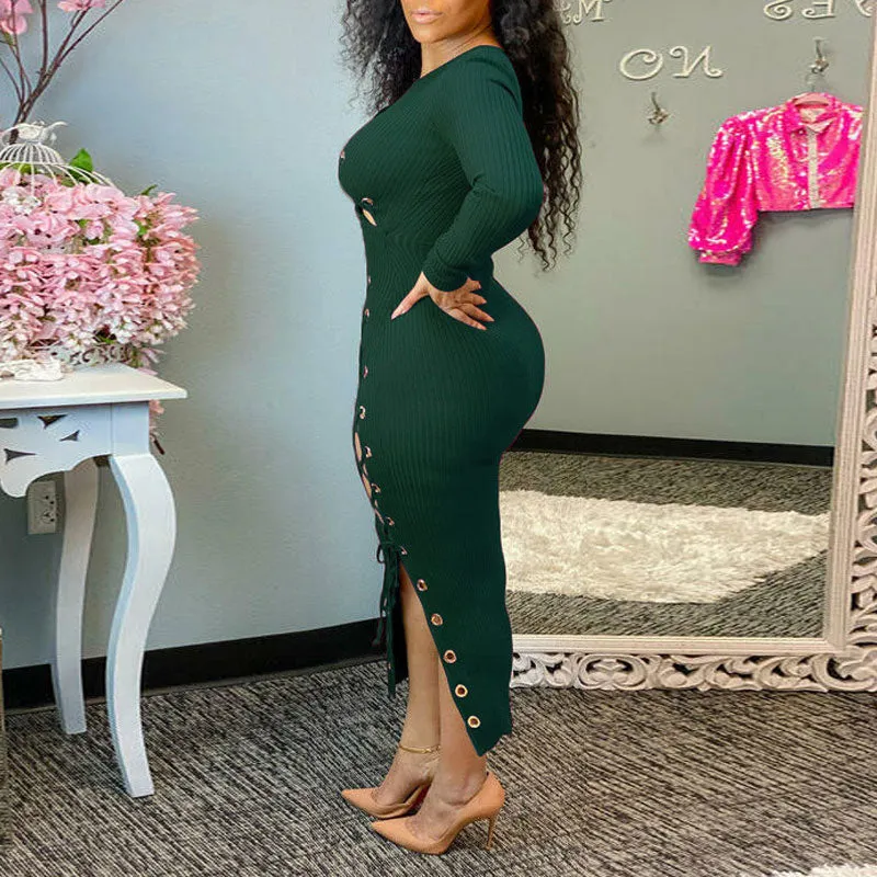 Solid Long Sleeve Hollow Out Bandage Midi Dress