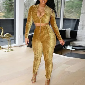 Solid Long Sleeve Hollow Out Crop Top & Pants Set