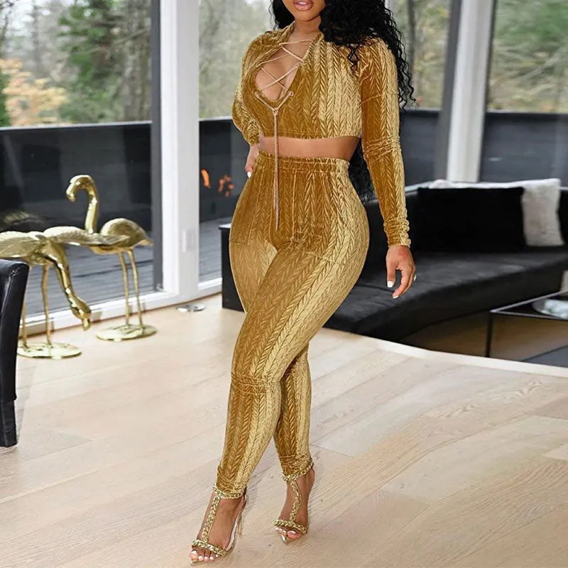 Solid Long Sleeve Hollow Out Crop Top & Pants Set