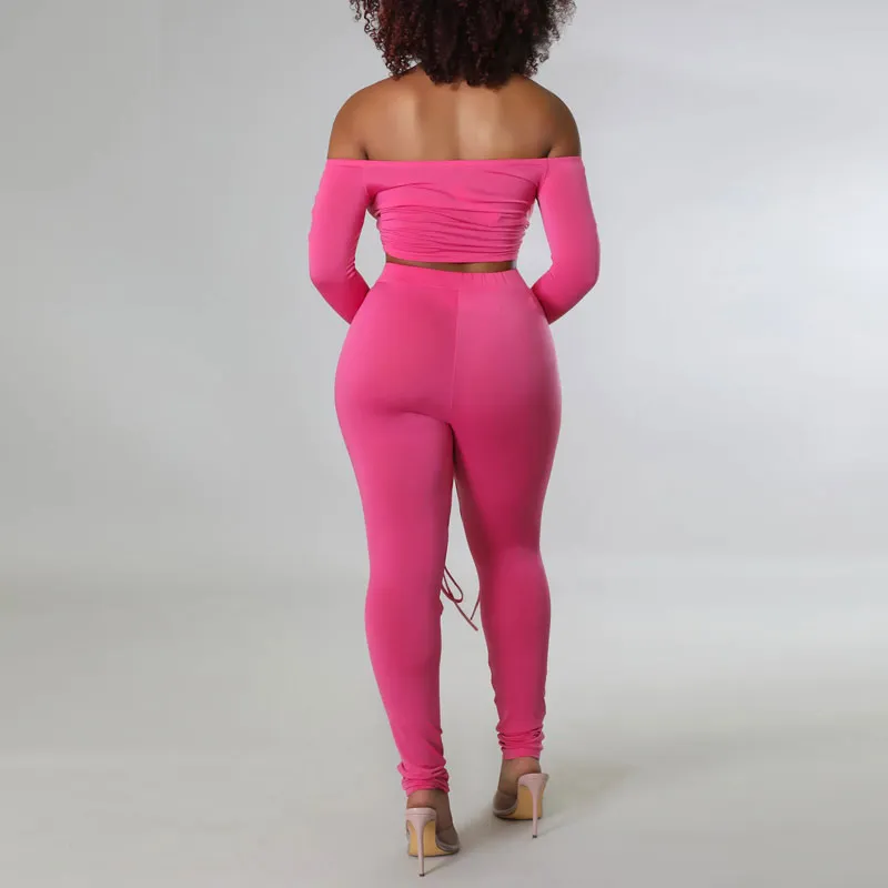 Solid Off Shoulder Long Sleeve Crop Top & Hollow Out Pants Set