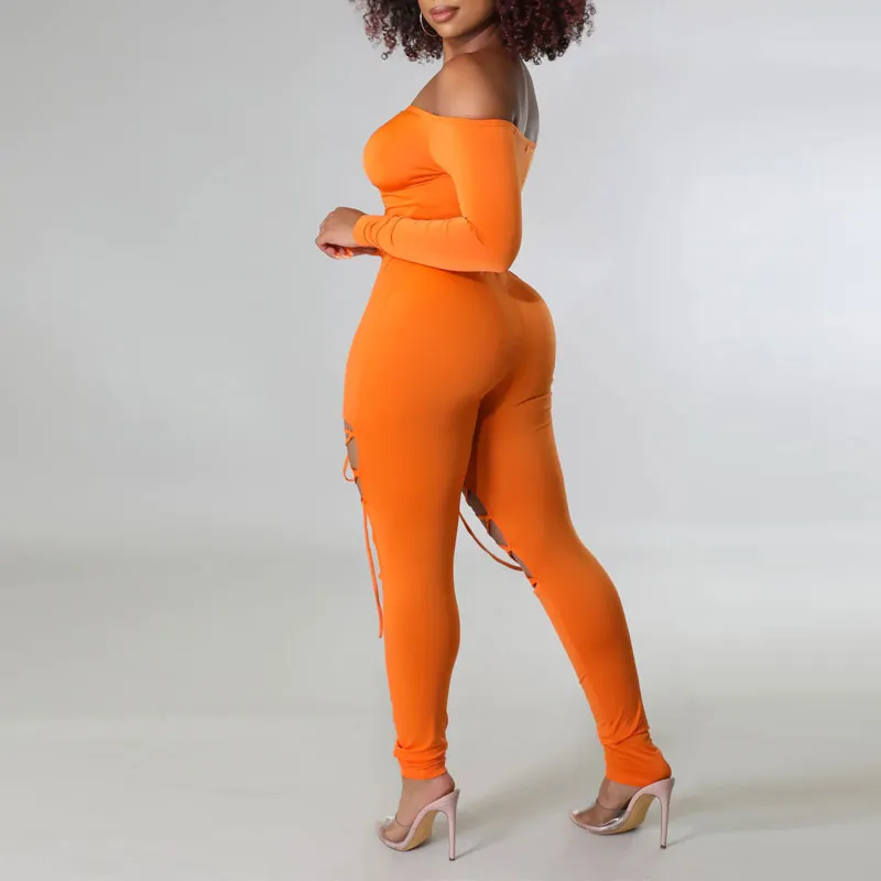 Solid Off Shoulder Long Sleeve Crop Top & Hollow Out Pants Set