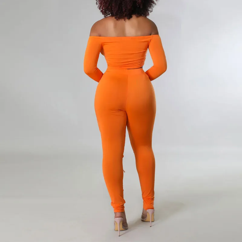 Solid Off Shoulder Long Sleeve Crop Top & Hollow Out Pants Set