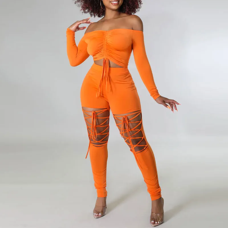 Solid Off Shoulder Long Sleeve Crop Top & Hollow Out Pants Set