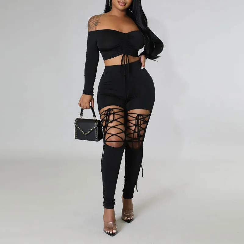 Solid Off Shoulder Long Sleeve Crop Top & Hollow Out Pants Set