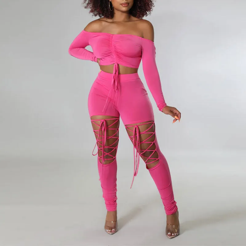 Solid Off Shoulder Long Sleeve Crop Top & Hollow Out Pants Set