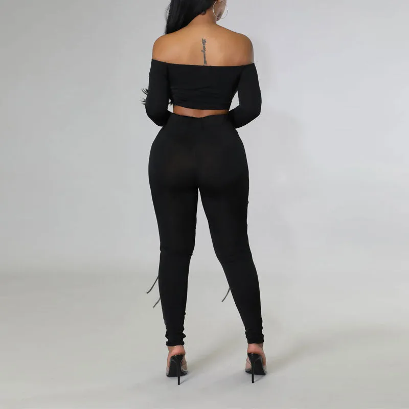 Solid Off Shoulder Long Sleeve Crop Top & Hollow Out Pants Set