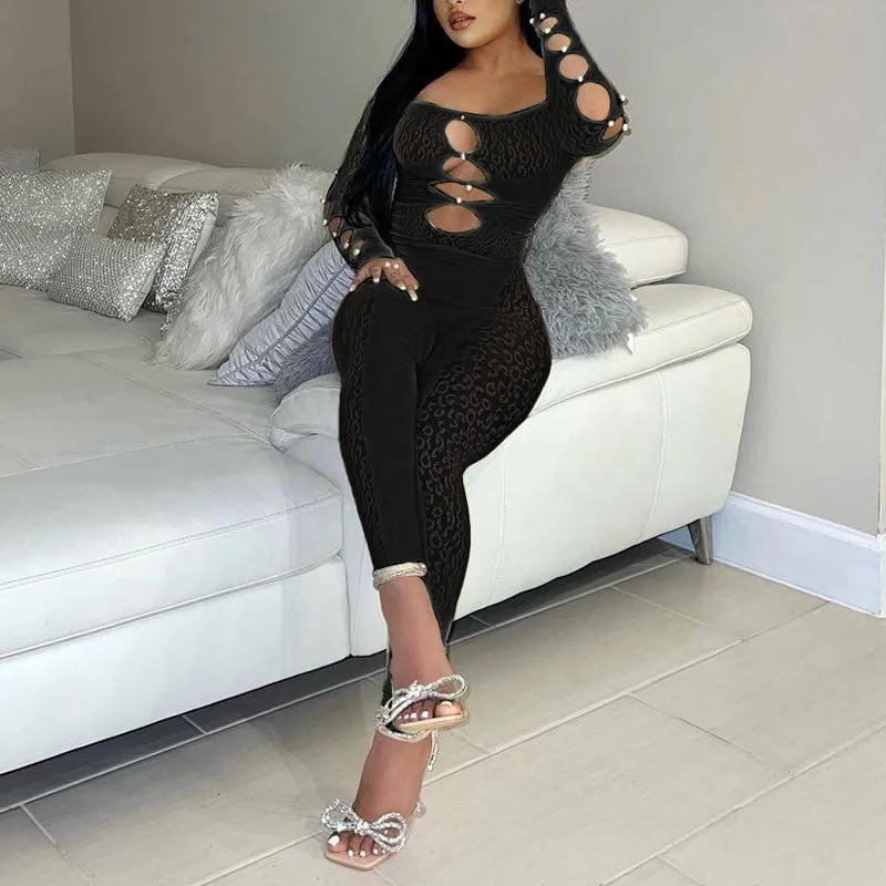 Solid Off Shoulder Long Sleeve Hollow Out Mesh Jumpsuit