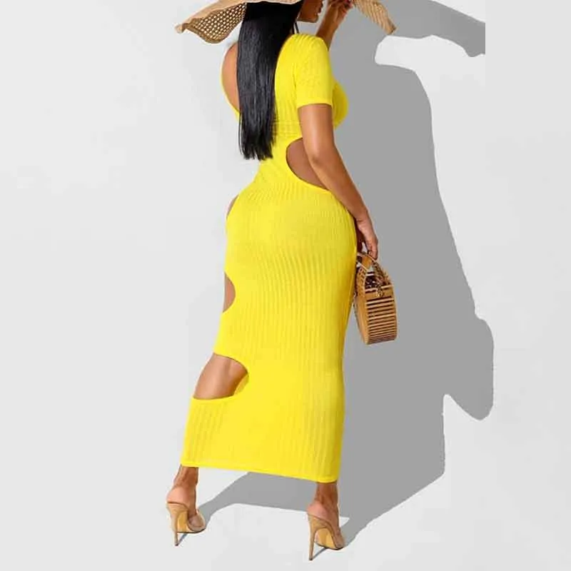 Solid Short Sleeve Hollow Out Maxi Dress