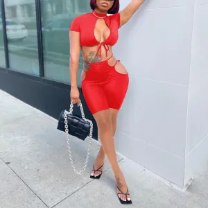 Solid Short Sleeve Hollow Out Skirts Set