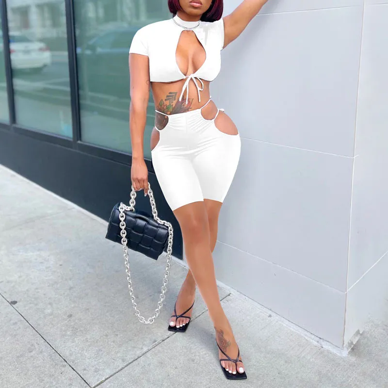 Solid Short Sleeve Hollow Out Skirts Set