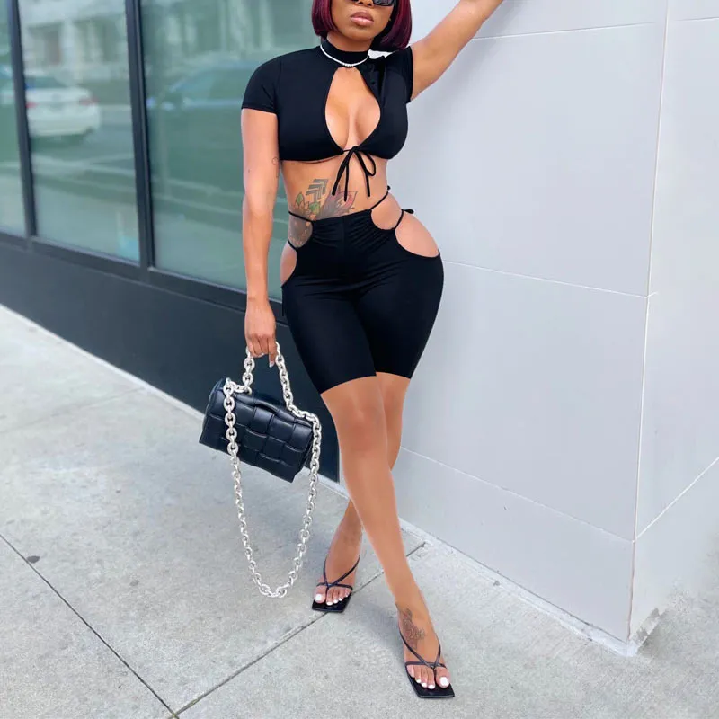 Solid Short Sleeve Hollow Out Skirts Set