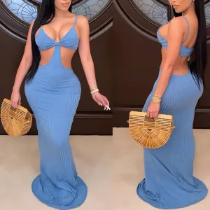 Solid Sleeveless Hollow Out Sling Maxi Dress