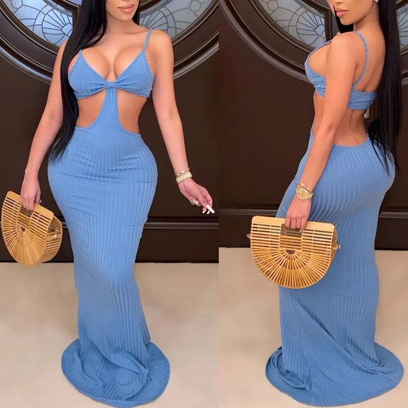 Solid Sleeveless Hollow Out Sling Maxi Dress