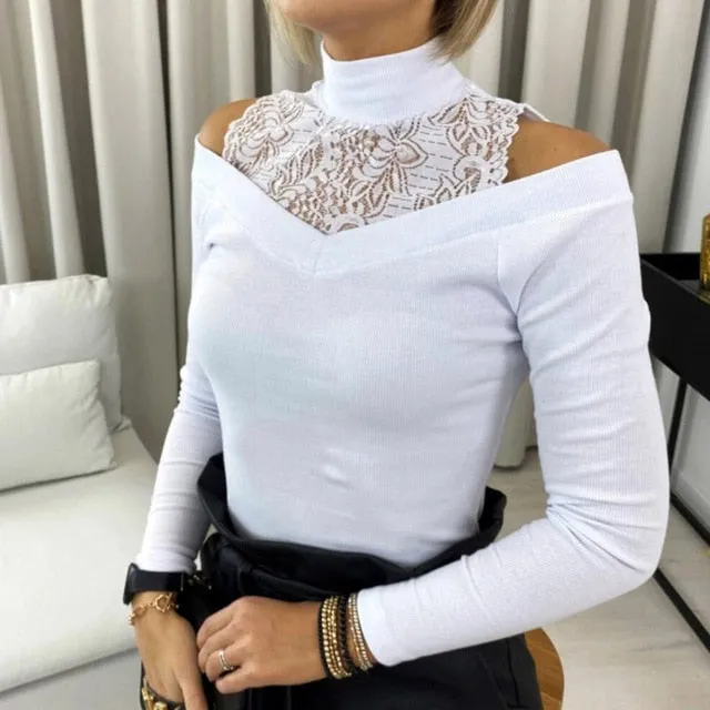 Spring Patchwork tops sexy Long Sleeve Lace Hollow Out Shirts