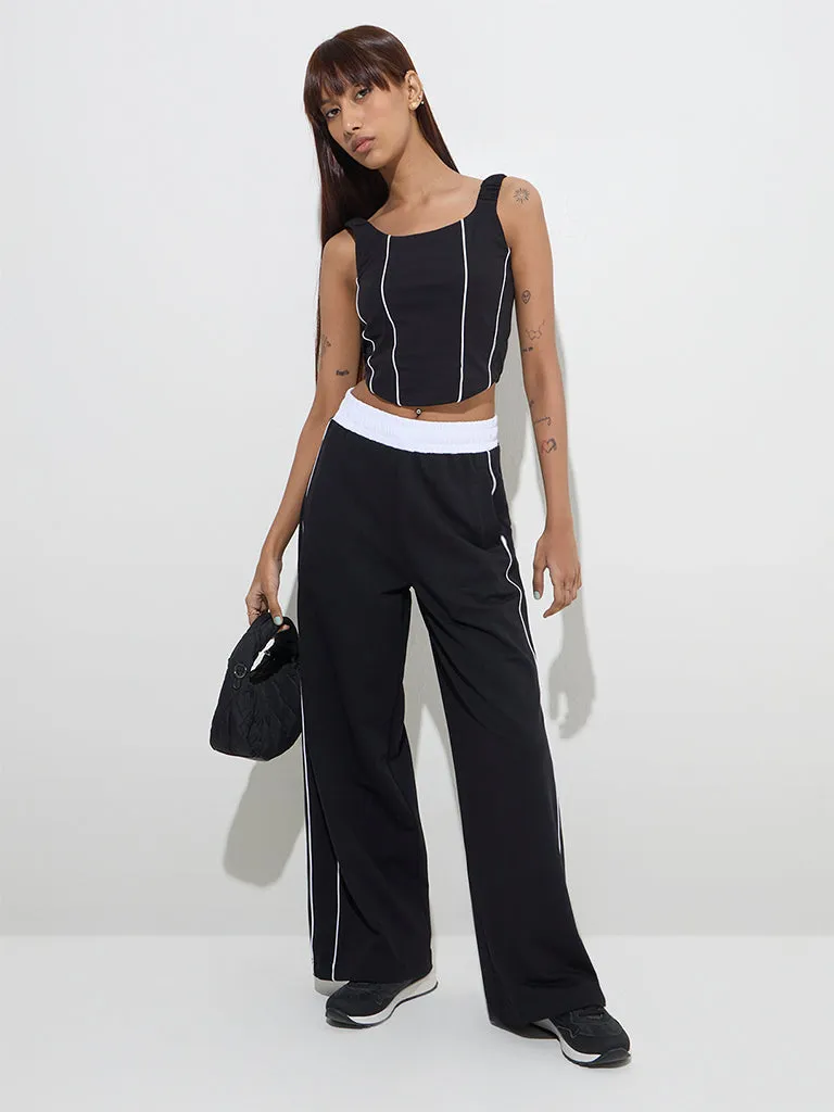 Studiofit Black Corset-Style Cotton-Blend Top