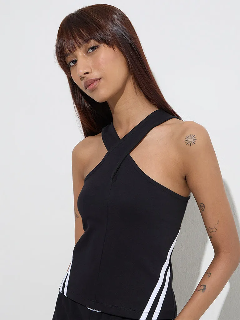 Studiofit Black Stripe Printed Cotton-Blend Top