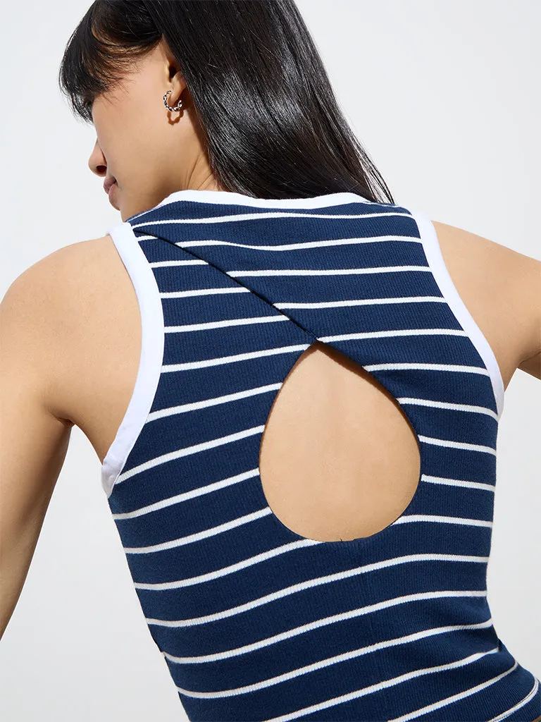 Studiofit Navy Striped Cotton-Blend Tank Top
