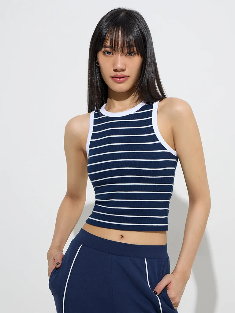 Studiofit Navy Striped Cotton-Blend Tank Top