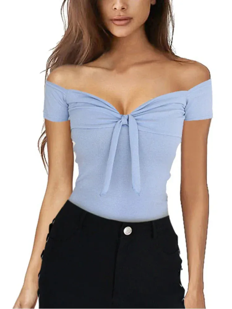Summer Solid Color Basic Casual Short Sleeve V-neck Off Shoulder Top Sexy Beach Party Slim Fit T-shirt Sweet Style Women's Wear