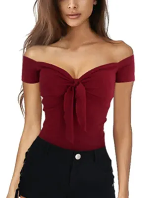 Summer Solid Color Basic Casual Short Sleeve V-neck Off Shoulder Top Sexy Beach Party Slim Fit T-shirt Sweet Style Women's Wear