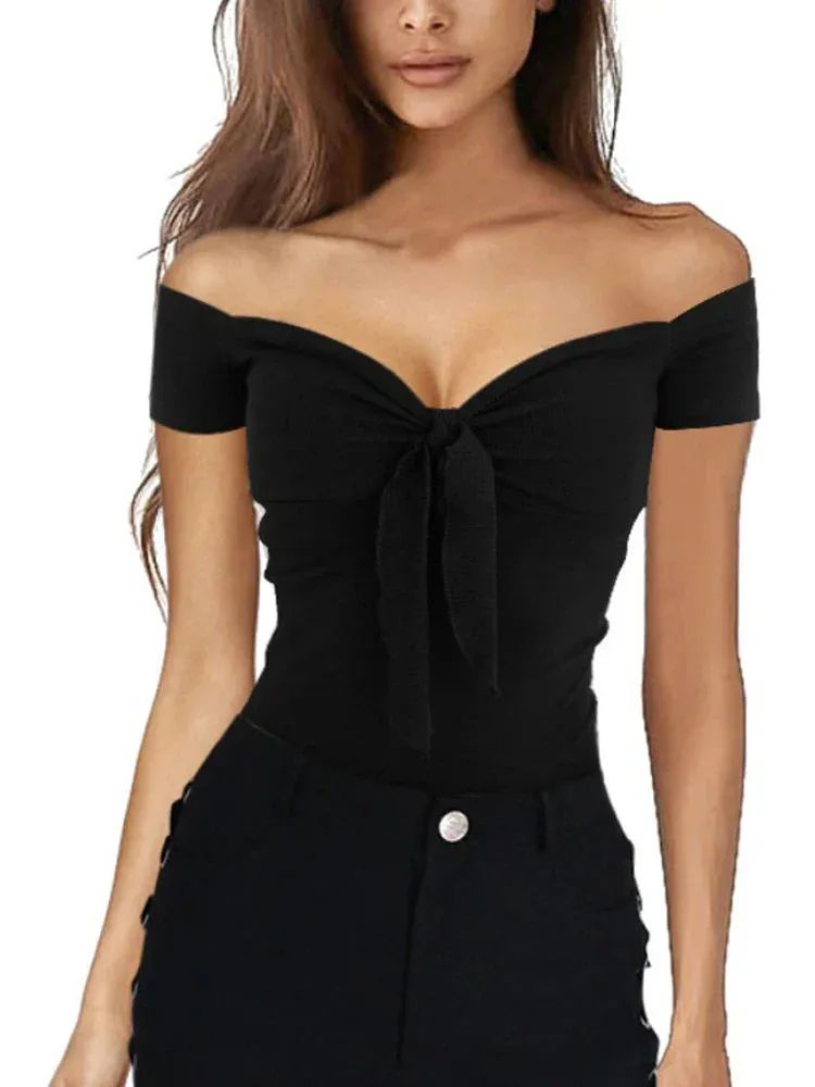 Summer Solid Color Basic Casual Short Sleeve V-neck Off Shoulder Top Sexy Beach Party Slim Fit T-shirt Sweet Style Women's Wear