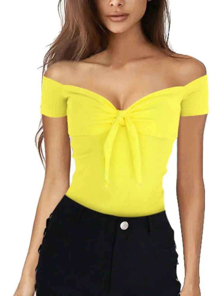 Summer Solid Color Basic Casual Short Sleeve V-neck Off Shoulder Top Sexy Beach Party Slim Fit T-shirt Sweet Style Women's Wear