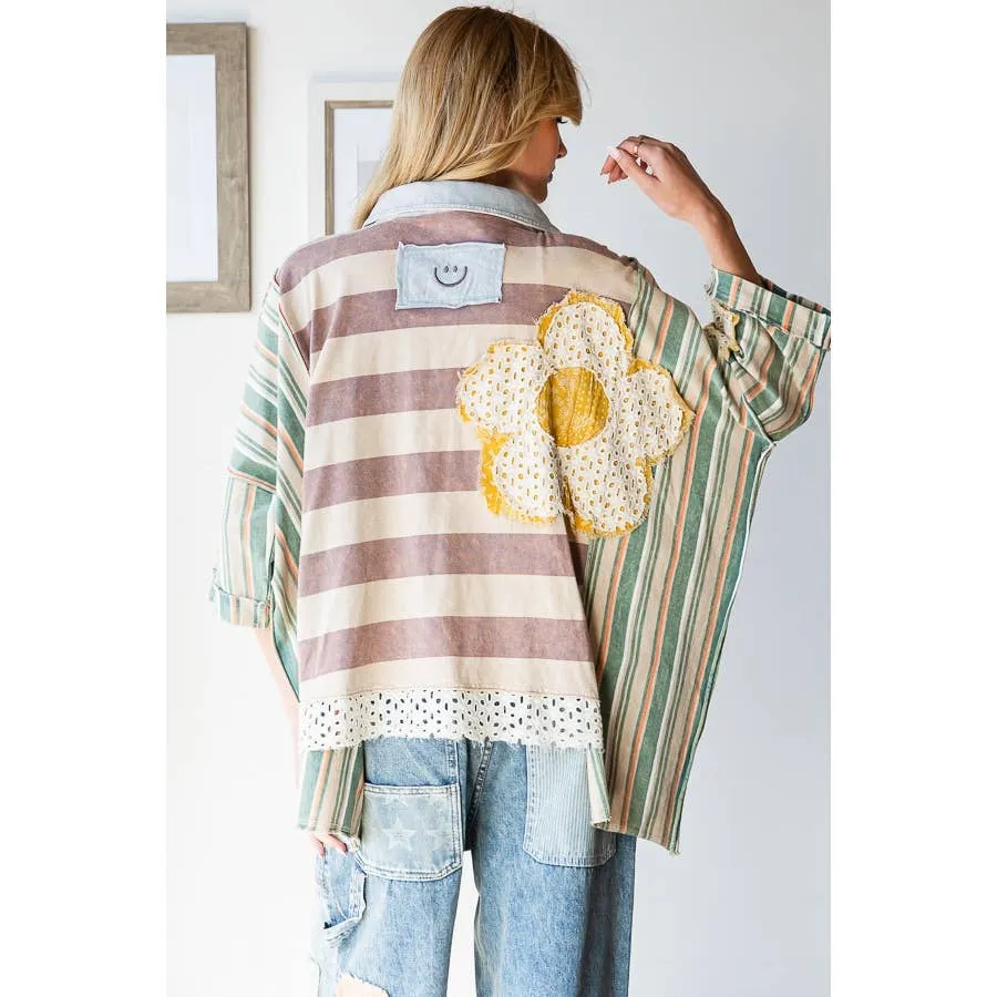Taupe Green Flower Patchwork Multicolor Striped Oli Hali Top