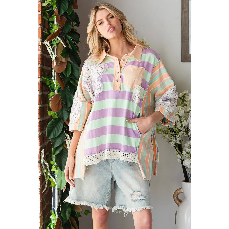 Taupe Green Flower Patchwork Multicolor Striped Oli Hali Top