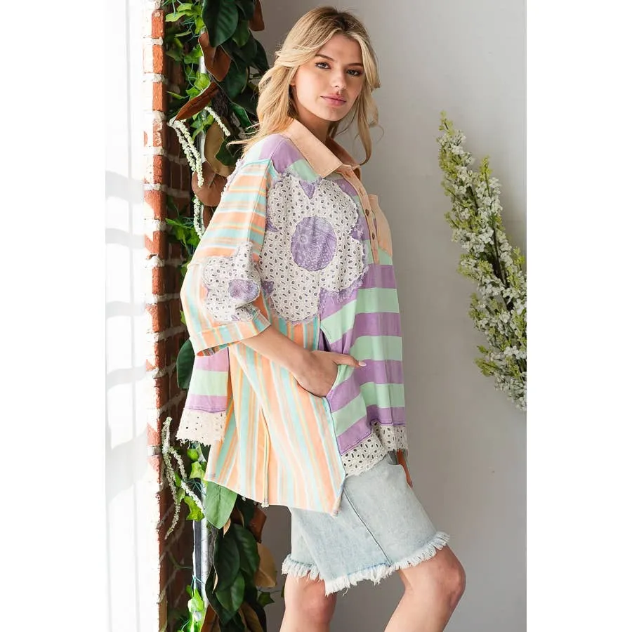 Taupe Green Flower Patchwork Multicolor Striped Oli Hali Top