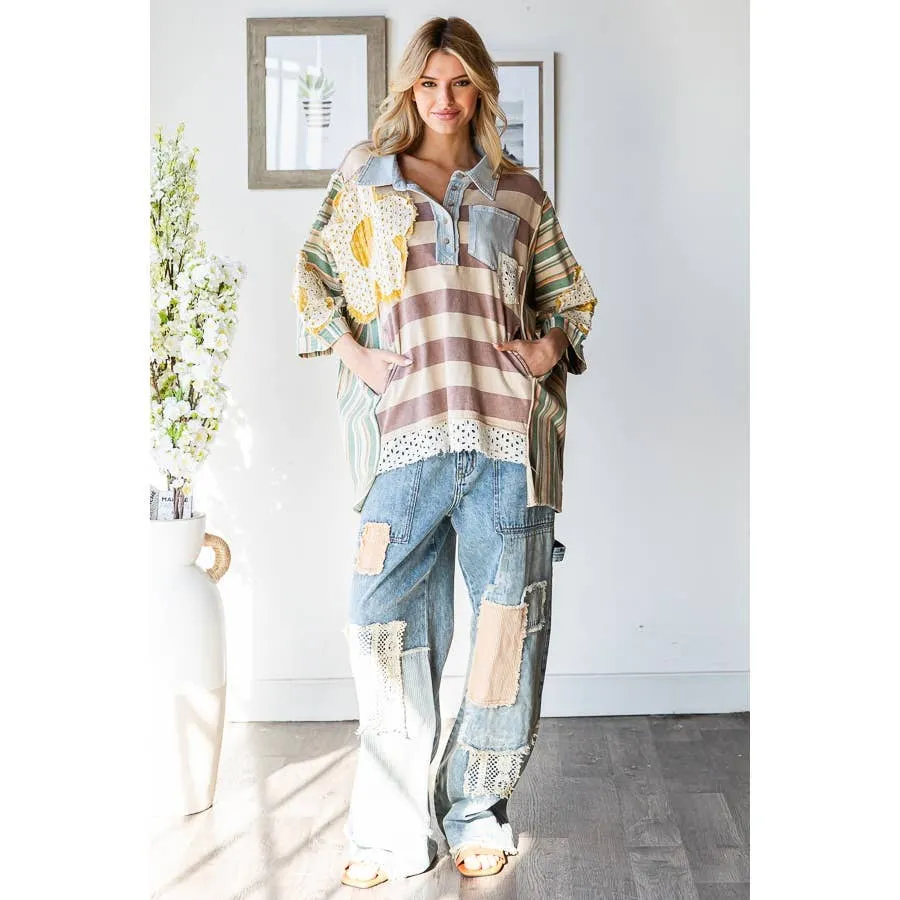 Taupe Green Flower Patchwork Multicolor Striped Oli Hali Top